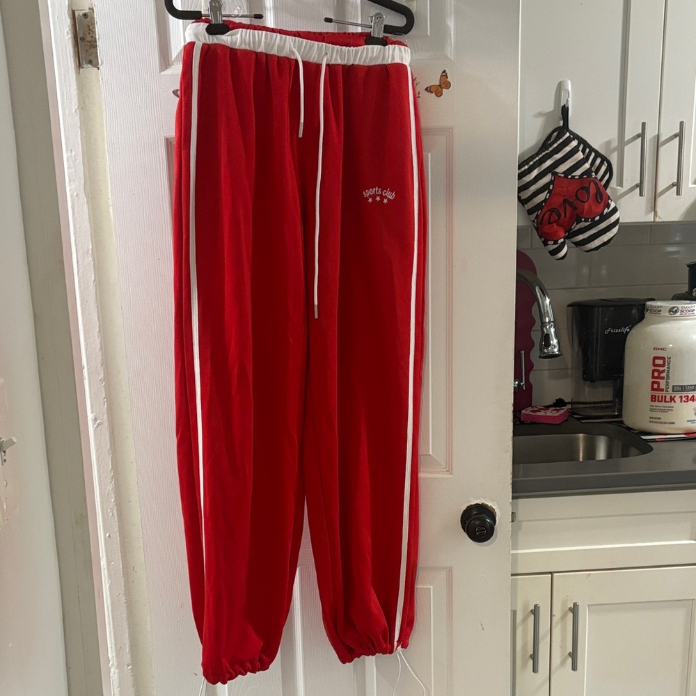 Fashion Nova Red Track Pants with White Accents